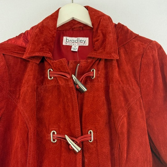 NWT Bradley Bayou Red‎ Leather Suede Toggle Coat  Women's Medium  Hooded - Picture 2 of 16